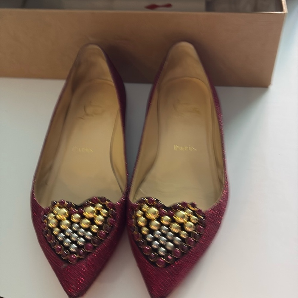 Christian Louboutin Metallic Cortana Ballet Pointed Toe Sequin Heart Flats.